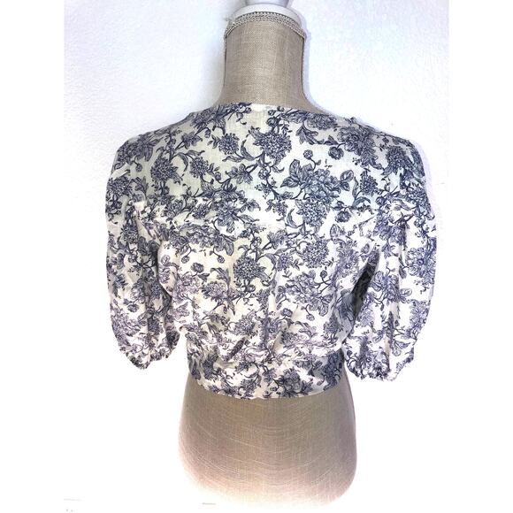 Cynthia Rowley Cottage Core Blue Floral Vintage Style Cropped Line Blouse - M - Picture 4 of 5